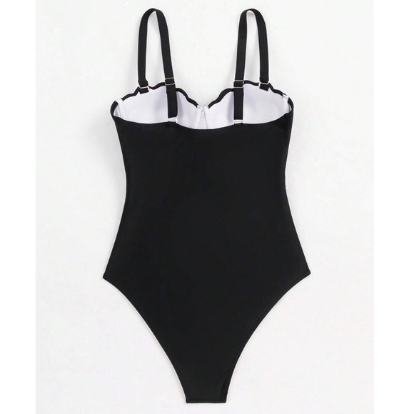 Boho Navy Blue Scallop Detail Color Block Monokini One Piece Swimsuit - Picture 5 of 12